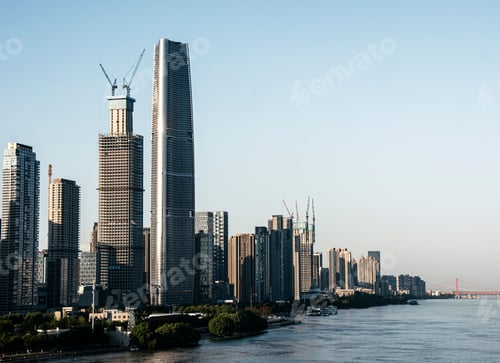 Preview: Panoramic view of a modern city skyline with high-rise buildings .