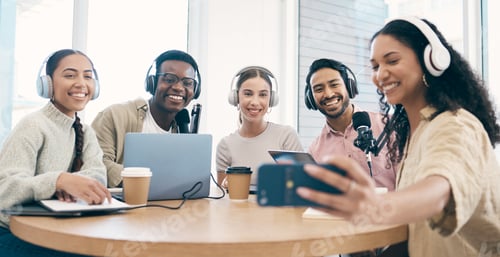 Preview: Podcast, smile and group selfie of friends together bonding, live streaming and people recording br