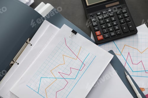 Preview: Folders with documents and calculator on office table, top view