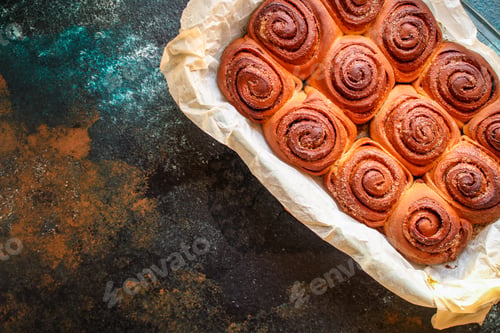 Preview: Bun Roll Cinnamon, Home Baked Goods Menu Concept Healthy Eating. Food Background Top View Copy Space