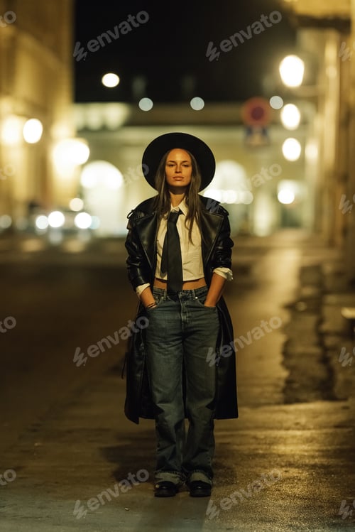 Preview: Stylish singer posing on city street at night