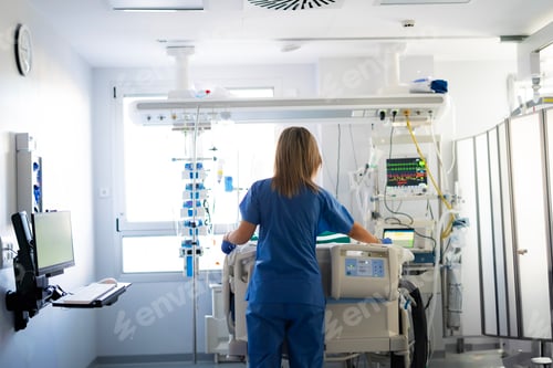 Preview: Nurse preparing hospital bed in intensive care unit