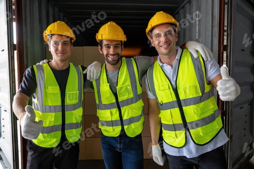 Preview: 3 Workers carry carton box take from 40 feet steel container on the trailer truck and smile portrait