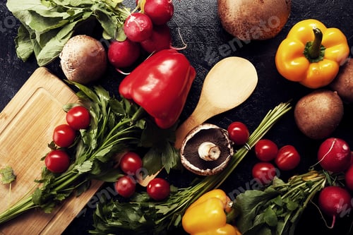 Preview: Red and yellow pepper, mushrooms and greenery