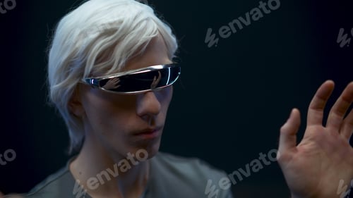 Preview: Metaverse man hand touching virtual internet connection space. Future concept