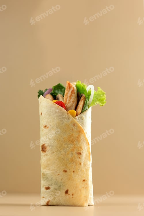 Preview: Wrap Sandwich Stuffed with Grilled Chicken, Tomato, Onion, Corn, and Fresh Vegetables,