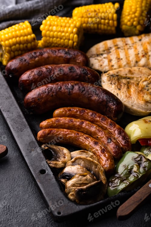 Preview: Grilled sausages, meat, and vegetables