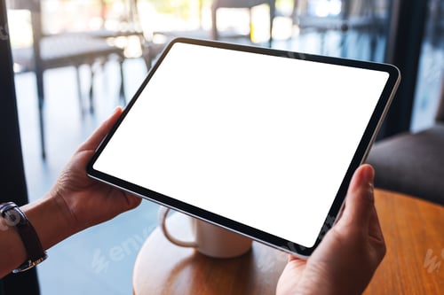 Preview: Mockup image of a woman holding digital tablet with blank white desktop screen