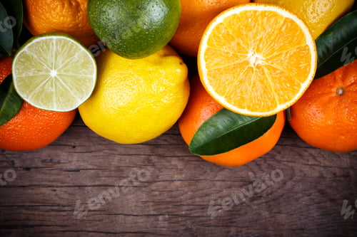 Preview: Fruits on wood texture background with space for text.