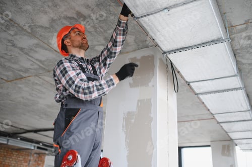 Preview: Construction worker installing air conditioning and ventilation system