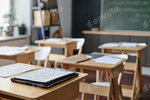 Preview: Classroom Interior with Desks and Music Sheets