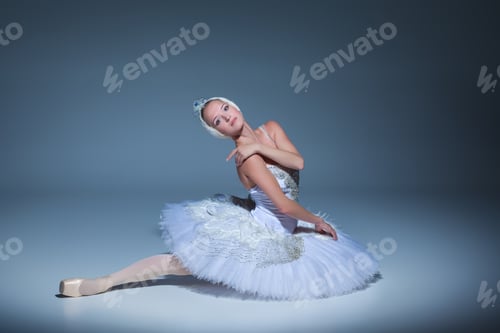 Preview: Portrait of the ballerina in ballet tatu on blue background