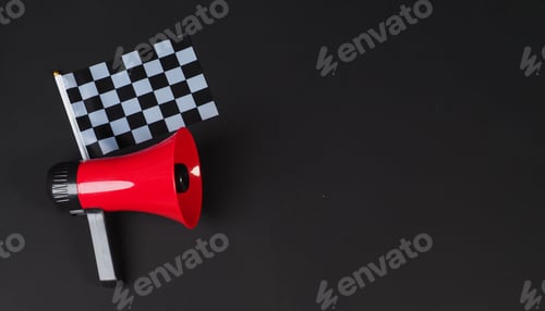 Preview: chequered flag or F1 flag and red megaphone on black background