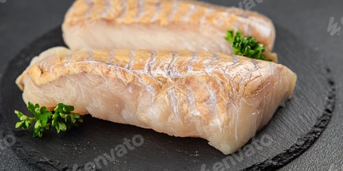 Preview: white fish fillet raw seafood fresh tasty food dish gourmet food background on the table rustic food