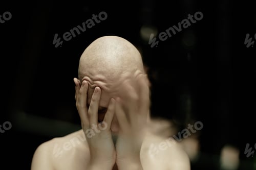 Preview: Distorted Image of Bald Man Crying Covering Face with Hands in Dark Studio