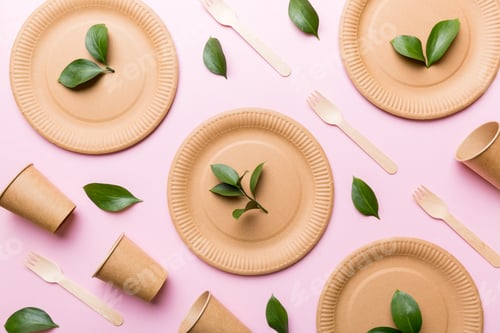 Preview: set of empty reusable disposable eco-friendly plates, cups, utensils
