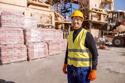 Preview: Joyful man construction worker standing outdoors at industrial site