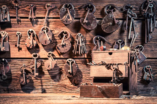 Preview: Locksmiths workshop with locks and tools. Forgotten locksmiths workplace.