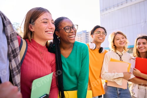 Preview: Side view cheerful student group multiracial classmates people standing hugging together for photo.