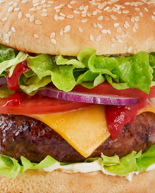 Preview: Close up Burger, Cheeseburger, Hamburger on a light blue background, copy space.