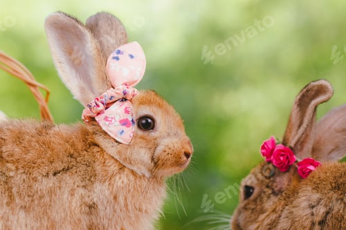 Preview: Easter bunny and eggs on green grass outdoor, Cute rabbit sitting on green field spring meadow