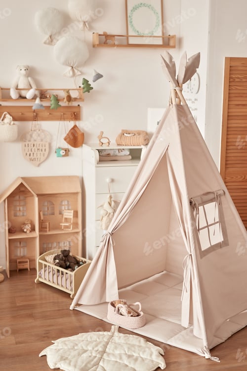 Preview: Children's educational wooden toys. Nursery decor. Scandinavian style playroom. Wigwam