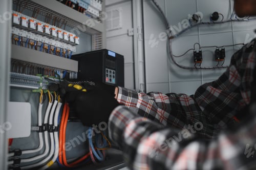 Preview: Electrician working on control panel in building under construction