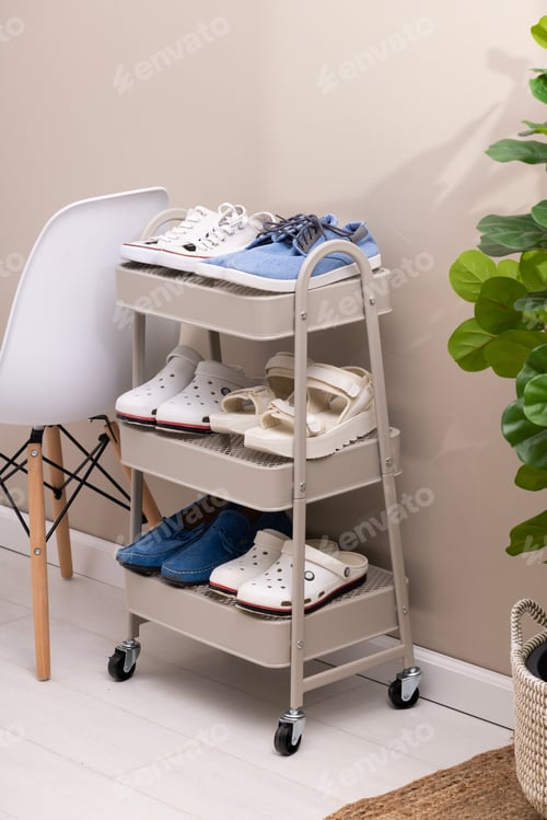Preview: Stylish interior of modern hall with shoes on stand