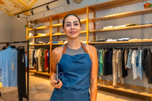 Preview: Saleswoman smiling and holding tablet in clothing store