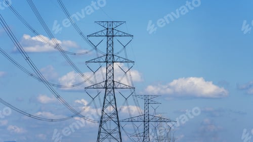 Preview: A group of tall power lines are seen in a forest.