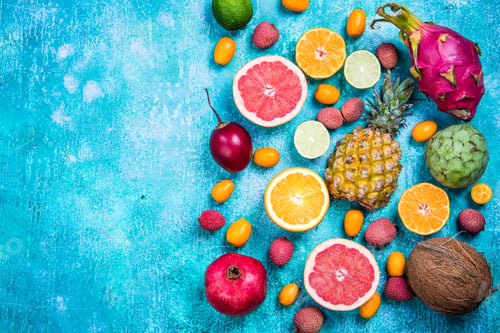 Preview: Exotic fruits top view border background