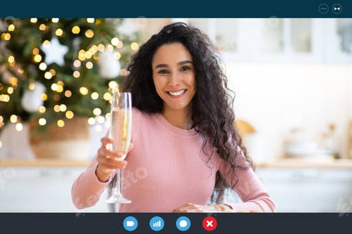 Preview: Online Christmas Celebration. Joyful Woman Cheering Champagne At Camera, Making Video Call