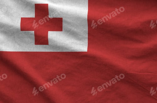 Preview: Tonga flag depicted on folded wavy fabric of old cloth