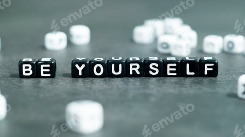 Preview: Be yourself slogan in black bead letters. Motivation inspiration self confidence uniqueness concept