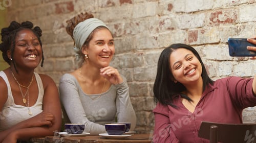 Preview: Selfie, coffee and friends at a cafe for a reunion, happy and being funny together. Coffee shop, co