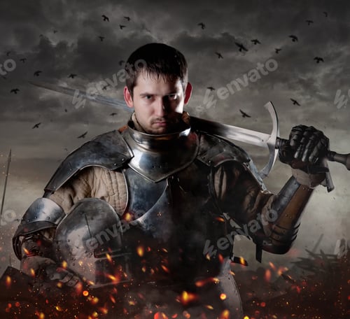 Preview: Portrait of a knight with sword on batllefield.