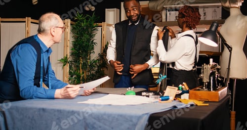 Preview: Client fitting suit blazer in workshop