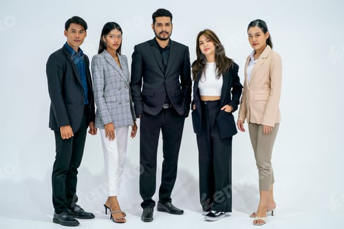 Preview: Portrait group of business man and woman stand with confidence action and isolated on whitebackgroud
