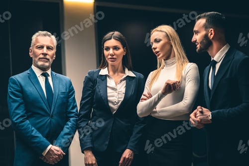Preview: The businesspeople standing together indoor.