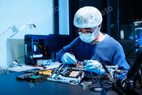 Preview: Professional electronics technician repairing computer motherboard in modern lab.