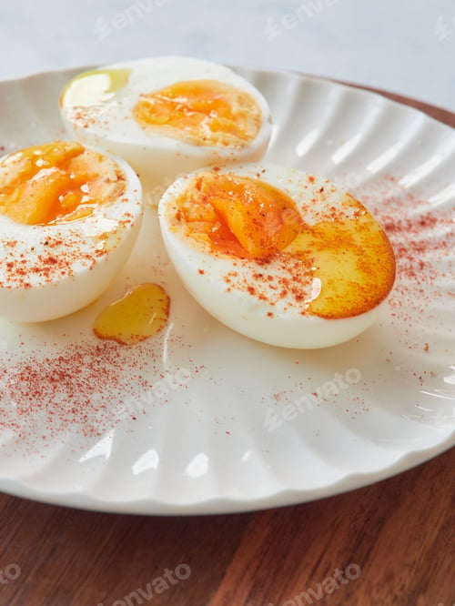 Preview: hard boiled eggs, peeled and cut in halves with olive oil
