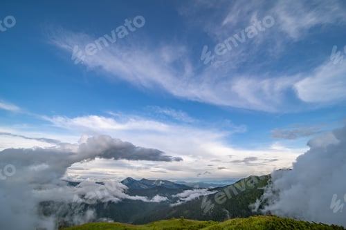 Preview: The beautiful mountain landscape on the white cloud background.