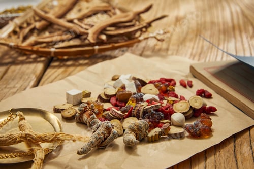 Preview: Selective focus of some chopped herbs and nuts on a brown parchment on a mahogany table
