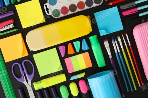 Preview: Different stationery on blackboard, flat lay. Back to school