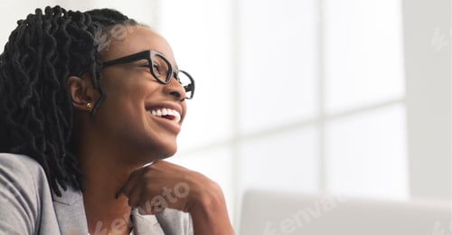 Preview: Happy Afro Business Woman Having Rest, Sitting On Workplace