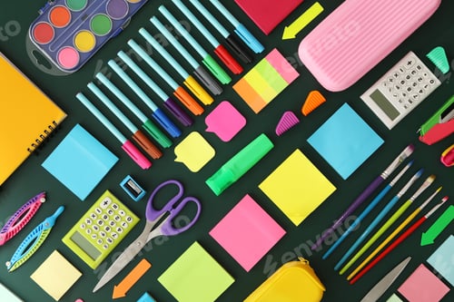Preview: Flat lay composition with different school stationery on green chalkboard. Back to school