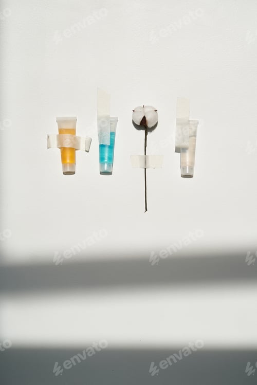 Preview: Cosmetics of different colors and a sprig of cotton on a white background with tape.