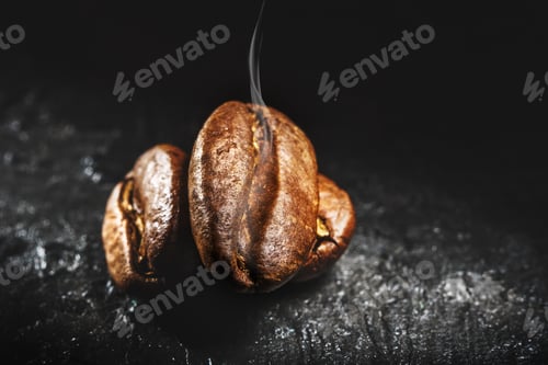 Preview: Roasted coffee beans with aromatic smoke on a dark background.