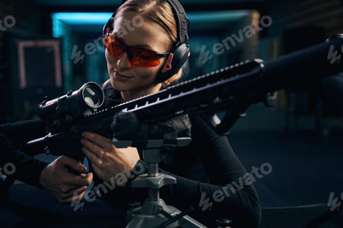 Preview: Female sniper in safety glasses and headphones inspecting her weapon