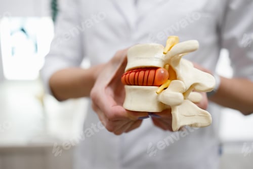 Preview: The doctor holds in his hands a model of a herniated lumbar disc of the spine